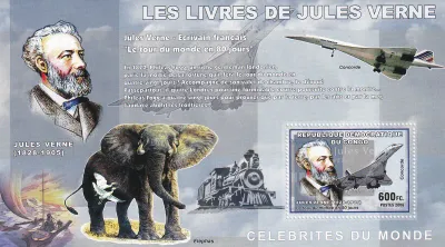 Congo (Rep) 2006, Jules Verne. Writer Literature. Plane/Concorde, Train, Elephant (ss/1v). MNH(**) Congo (Rep) 2006, Jules Verne. Writer Literature. Plane/Concorde, Train, Elephant (ss/1v). MNH(**)