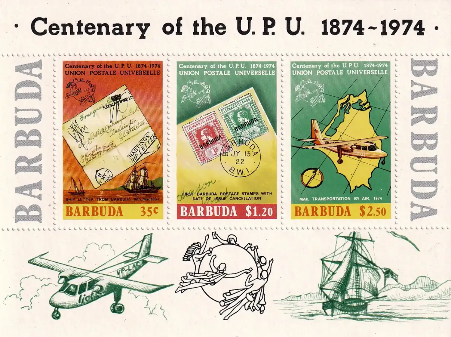 Barbuda 1974 The 100th Anniv of the Universal Postal Union UPU (SS/3v). MNH(**) Barbuda 1974 The 100th Anniv of the Universal Postal Union UPU (SS/3v). MNH(**)