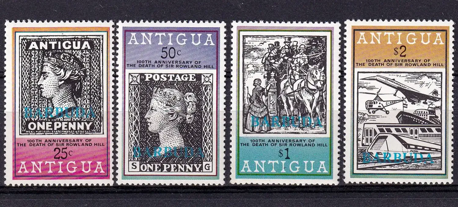 Barbuda 1979 The 100th Anniv of the Death of Rowland Hill - Antigua Postage Stamps Overprinted "BARBUDA" (4v). MNH(**) Barbuda 1979 The 100th Anniv of the Death of Rowland Hill - Antigua Postage Stamps Overprinted "BARBUDA" (4v). MNH(**)