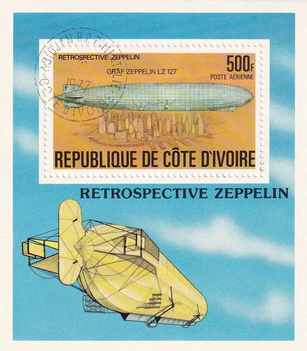 Ivory Coast 1977 Airmail - History of the Airship (ss/1v). CTO, NH(**) Ivory Coast 1977 Airmail - History of the Airship (ss/1v). CTO, NH(**)