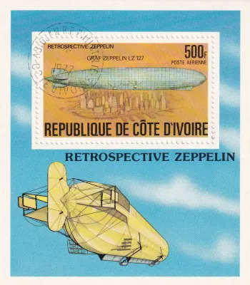 Ivory Coast 1977 Airmail - History of the Airship (ss/1v). CTO, NH(**) Ivory Coast 1977 Airmail - History of the Airship (ss/1v). CTO, NH(**)