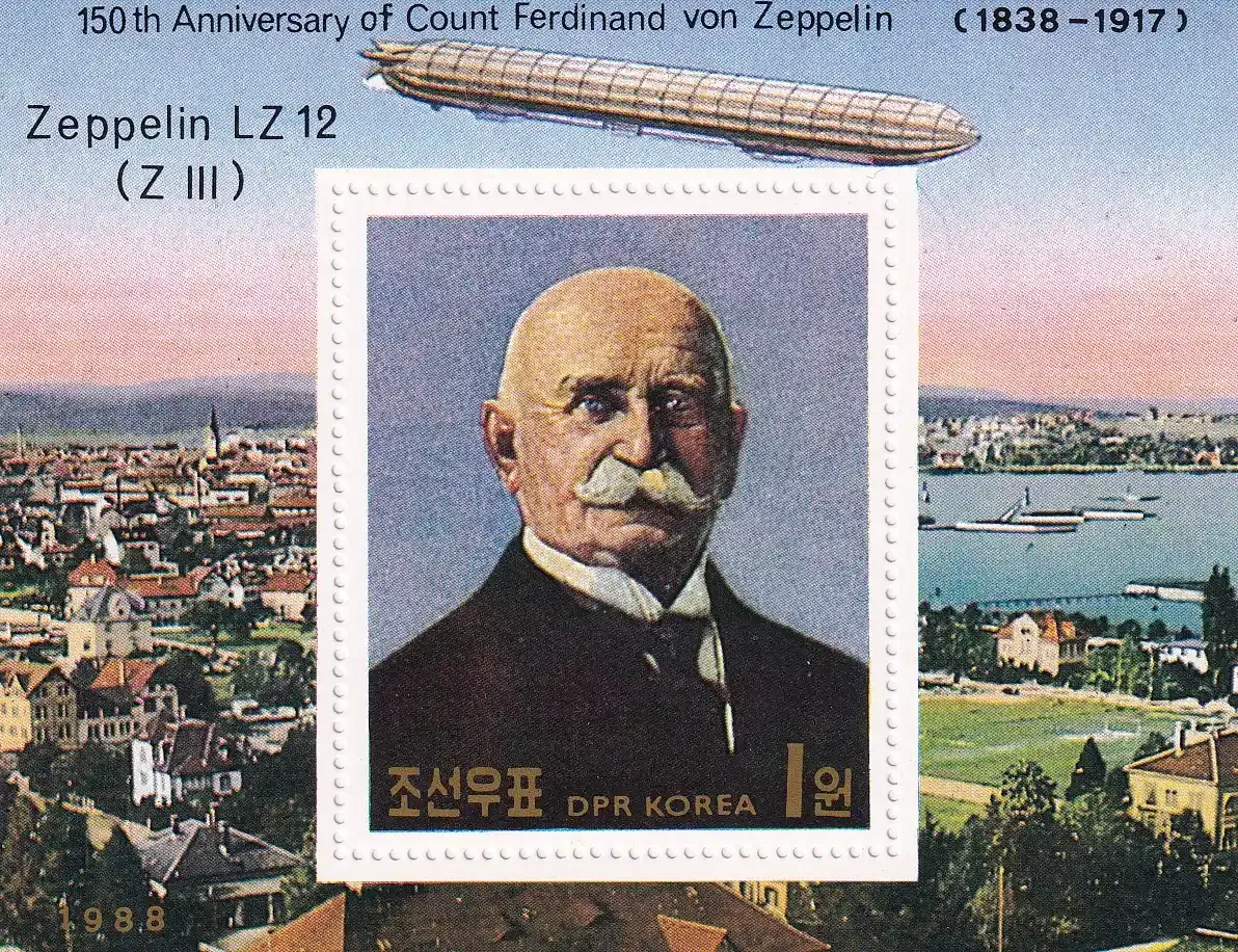 North Korea, 1988 The 150th Anniv of the Birth of Count Ferdinand von Zeppelin, 1838-1917 (ss/1v). MNH(**) North Korea, 1988 The 150th Anniv of the Birth of Count Ferdinand von Zeppelin, 1838-1917 (ss/1v). MNH(**)