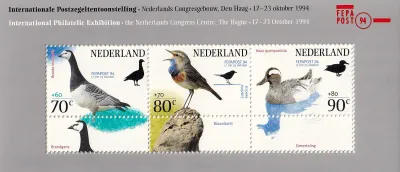 Netherlands 1994 Birds - International Stamp Exhibition "FEPAPOST '94" - The Hague, Nederlands (ss/3v) MNH(**) Netherlands 1994 Birds - International Stamp Exhibition "FEPAPOST '94" - The Hague, Nederlands (ss/3v) MNH(**)