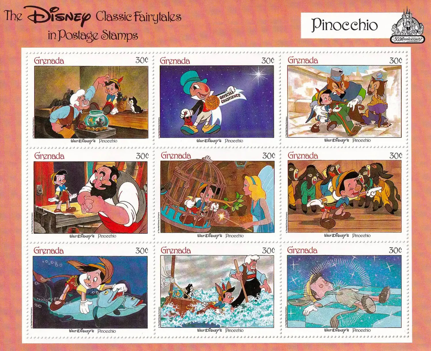 Grenada 1987 The 50th Anniv of First Full-Length Disney Cartoon Film - Pinocchio (ss/9v) - MNH(**) Grenada 1987 The 50th Anniv of First Full-Length Disney Cartoon Film - Pinocchio (ss/9v) - MNH(**)