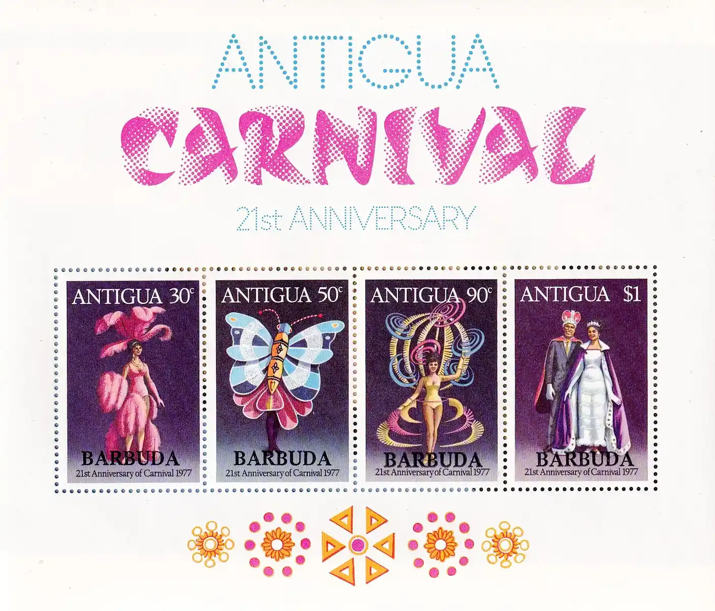 Barbuda 1977 The 21st Carnival in Antigua - Antigua Stamps Overprinted "BARBUDA" (SS/4v). MNH(**) Barbuda 1977 The 21st Carnival in Antigua - Antigua Stamps Overprinted "BARBUDA" (SS/4v). MNH(**)
