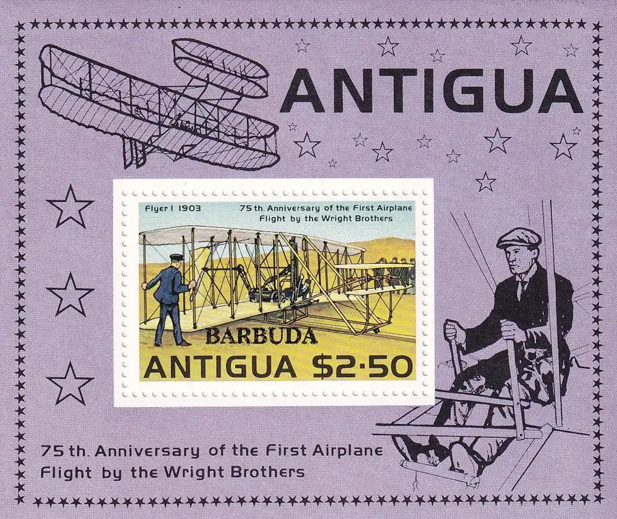Barbuda 1978 The 75th Anniv of the First Flight - Antigua Stamp Overprinted "BARBUDA" (SS/1v). MNH(**) Barbuda 1978 The 75th Anniv of the First Flight - Antigua Stamp Overprinted "BARBUDA" (SS/1v). MNH(**)