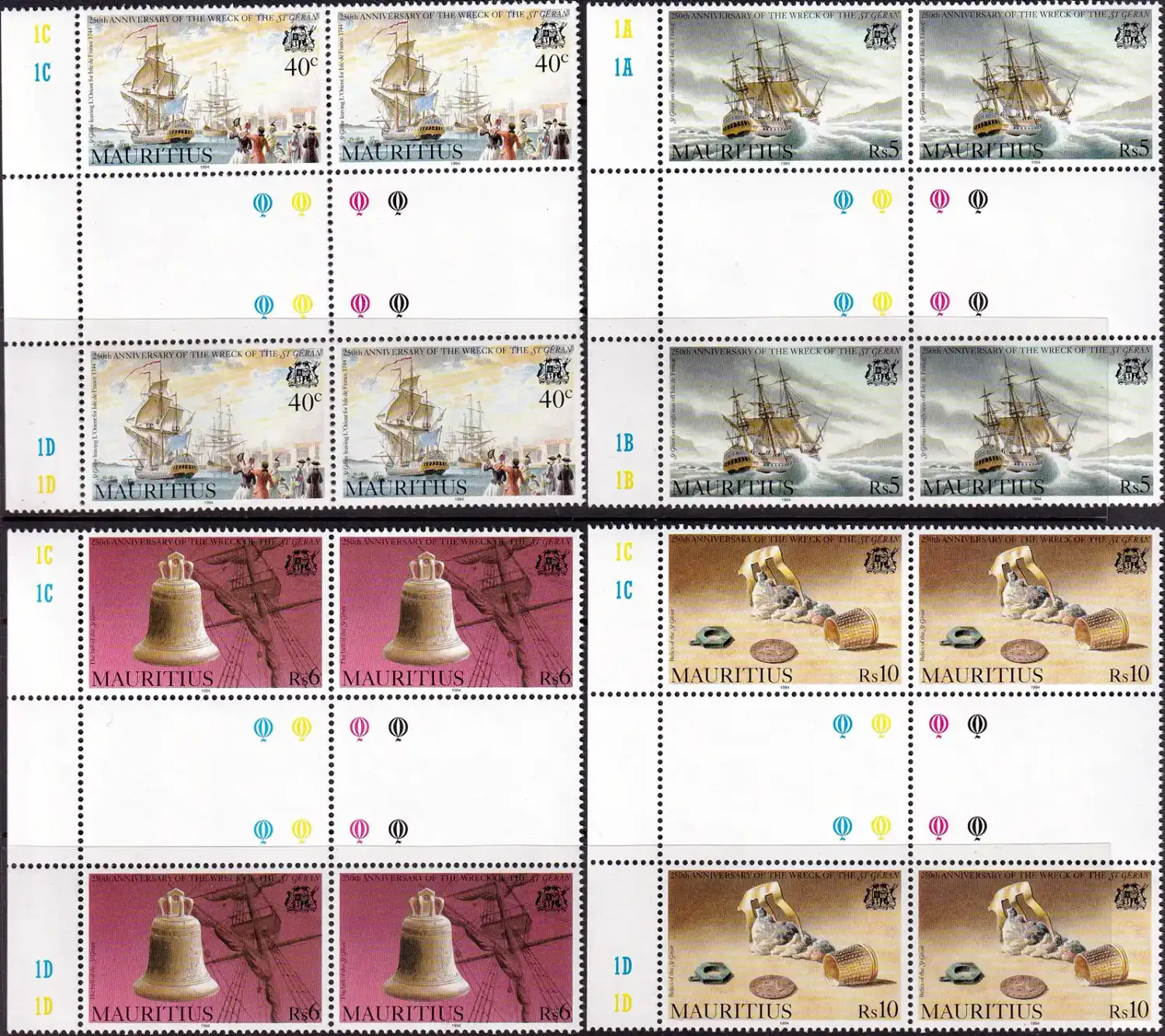 Mauritius 1994 The 250th Anniv of The Wreck of "St. Geran" (Gutter Blocks). MNH(**)