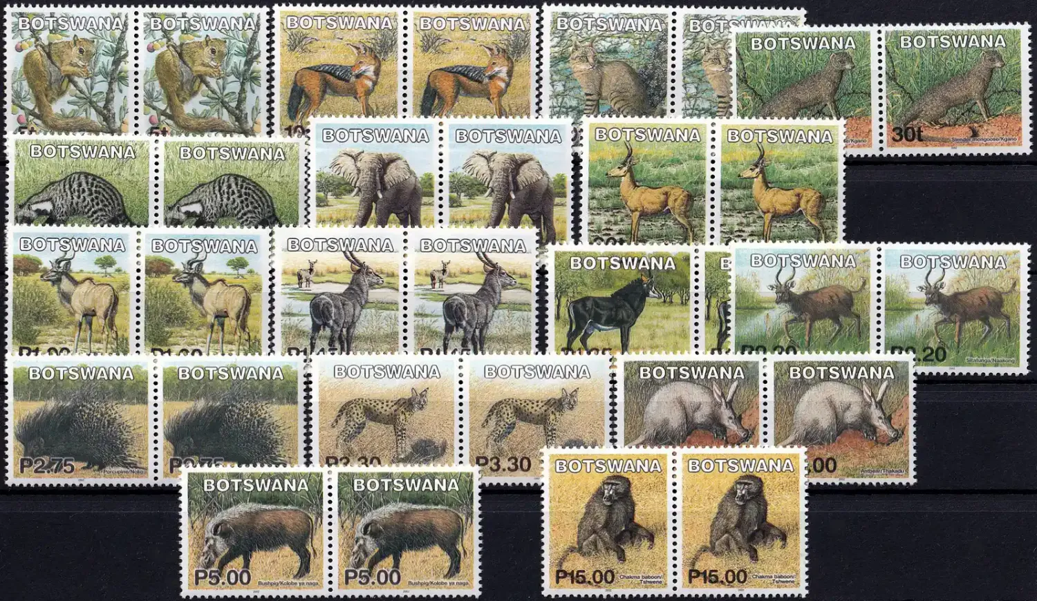 Botswana 2002 Defs/Mammals, Set in Pairs - 5t-15p (32v)-MNH(**)