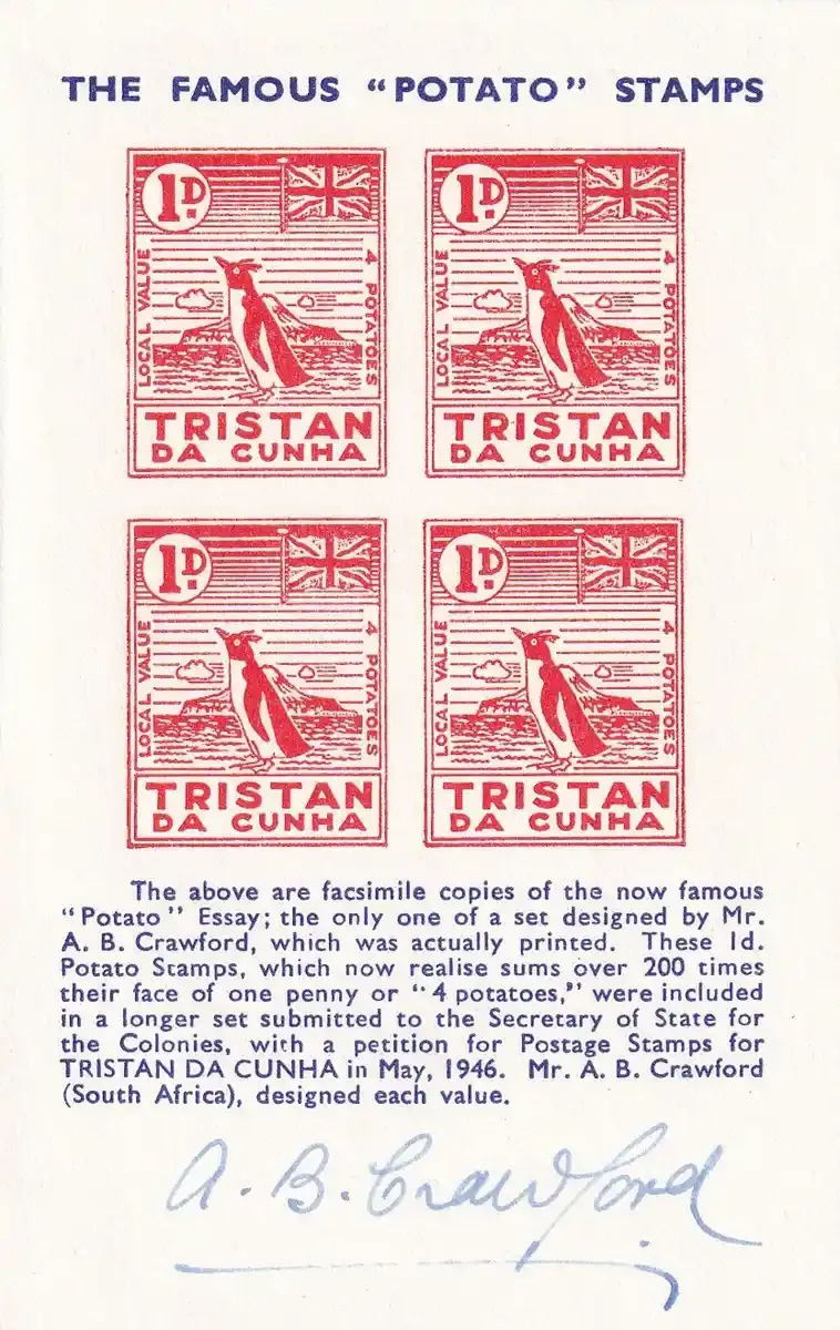 Tristan da Cunha 1962 - Reprint sheetlet containing block of 4 'Potato' essays. Signed by Allan Crawford. MNH(**)