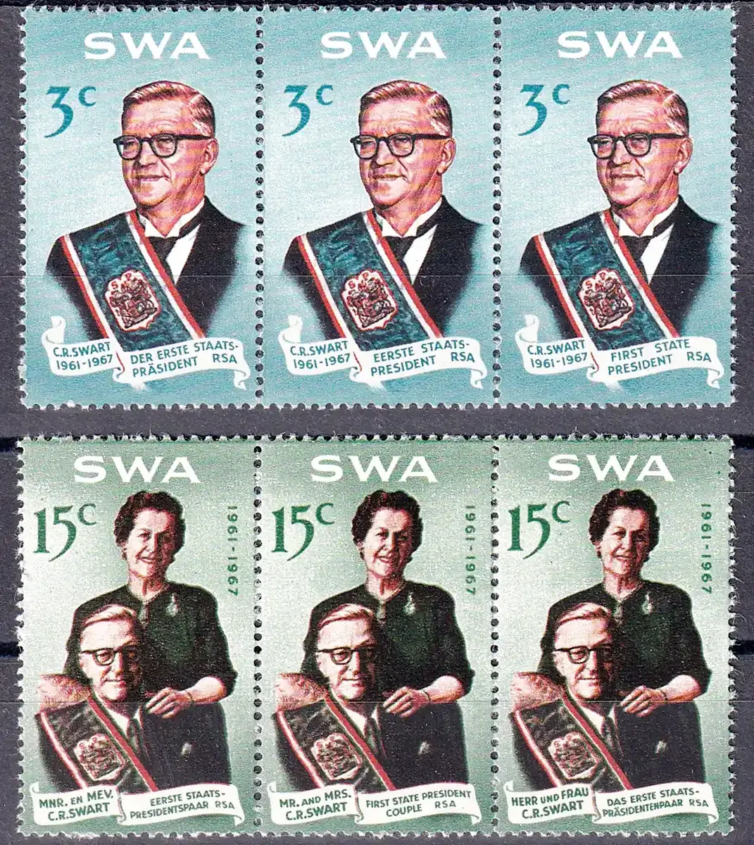South West Africa 1968 Charles Robberts Swart, President of the Republic of South Africa 1961 to 1967 (6v). MNH(**) South West Africa 1968 Charles Robberts Swart, President of the Republic of South Africa 1961 to 1967 (6v). MNH(**)