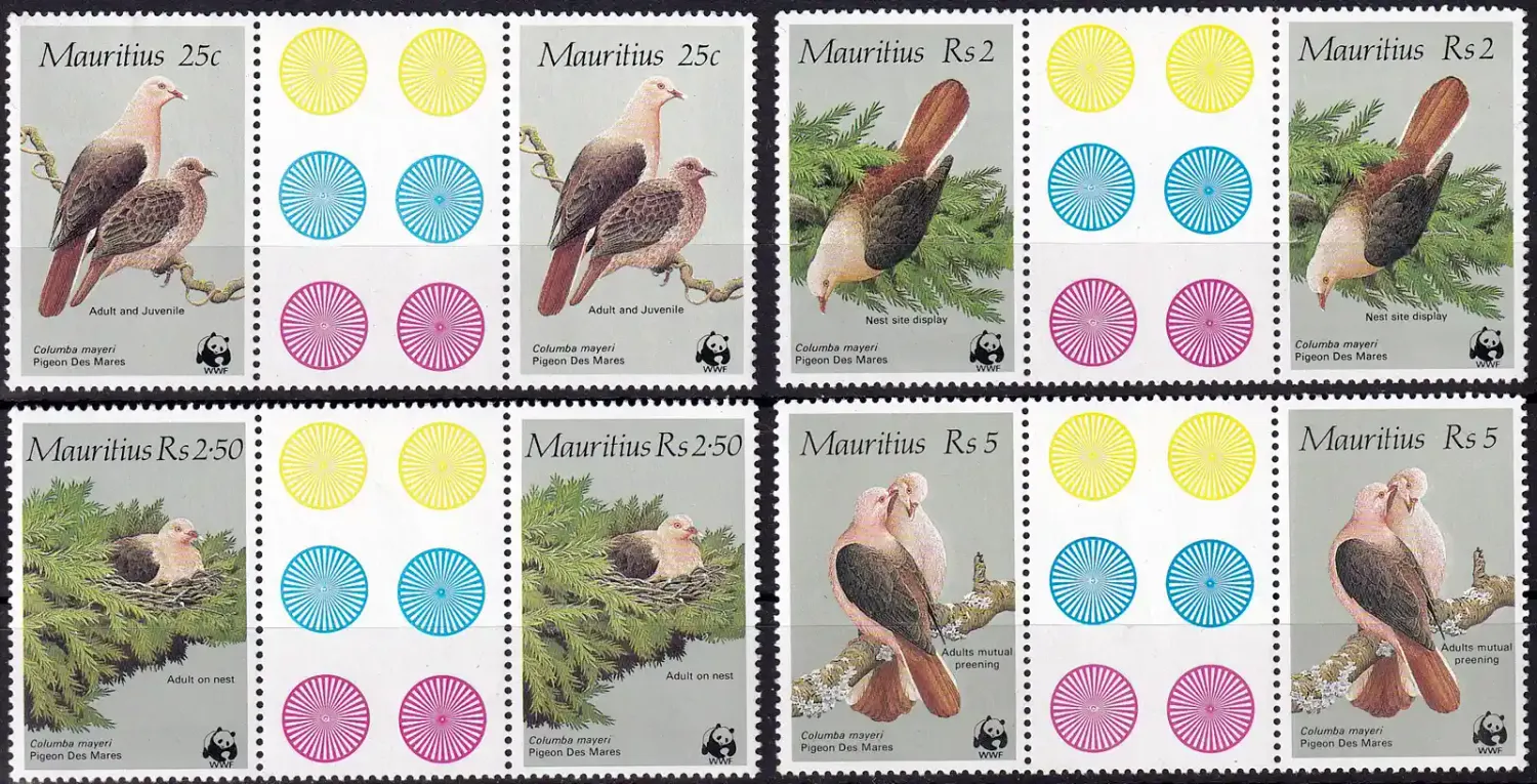 Mauritius 1985 Global Conservation (WWF) - Pink Pigeon Birds (Gutter Pairs). MNH(**) Mauritius 1985 Global Conservation (WWF) - Pink Pigeon Birds (Gutter Pairs). MNH(**)
