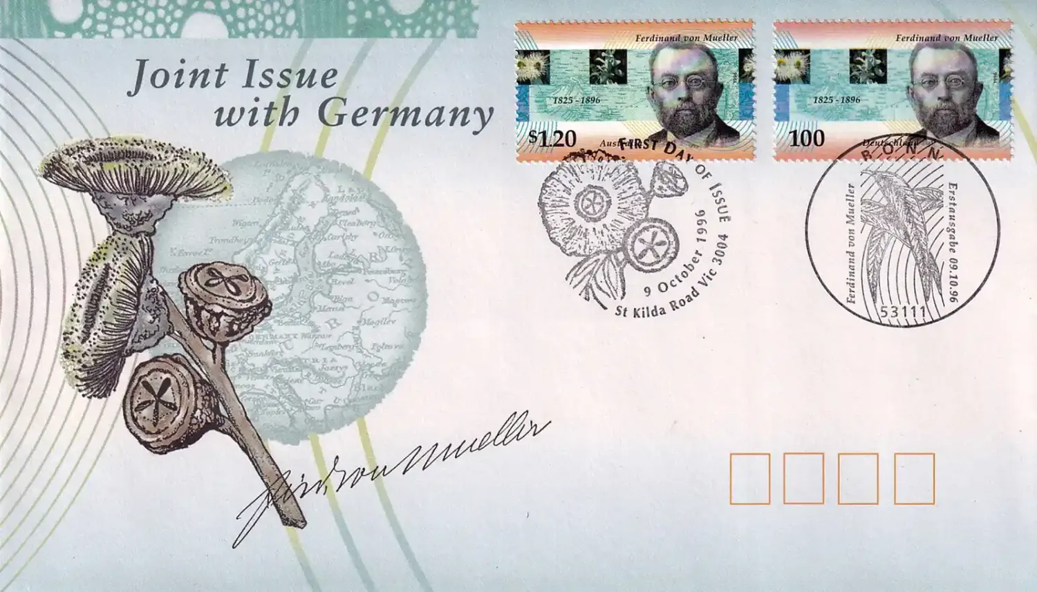 Australia 1996 Joint Issue With Germany. Ferdinand von Mueller 2 stamps. FDC Australia 1996 Joint Issue With Germany. Ferdinand von Mueller 2 stamps. FDC