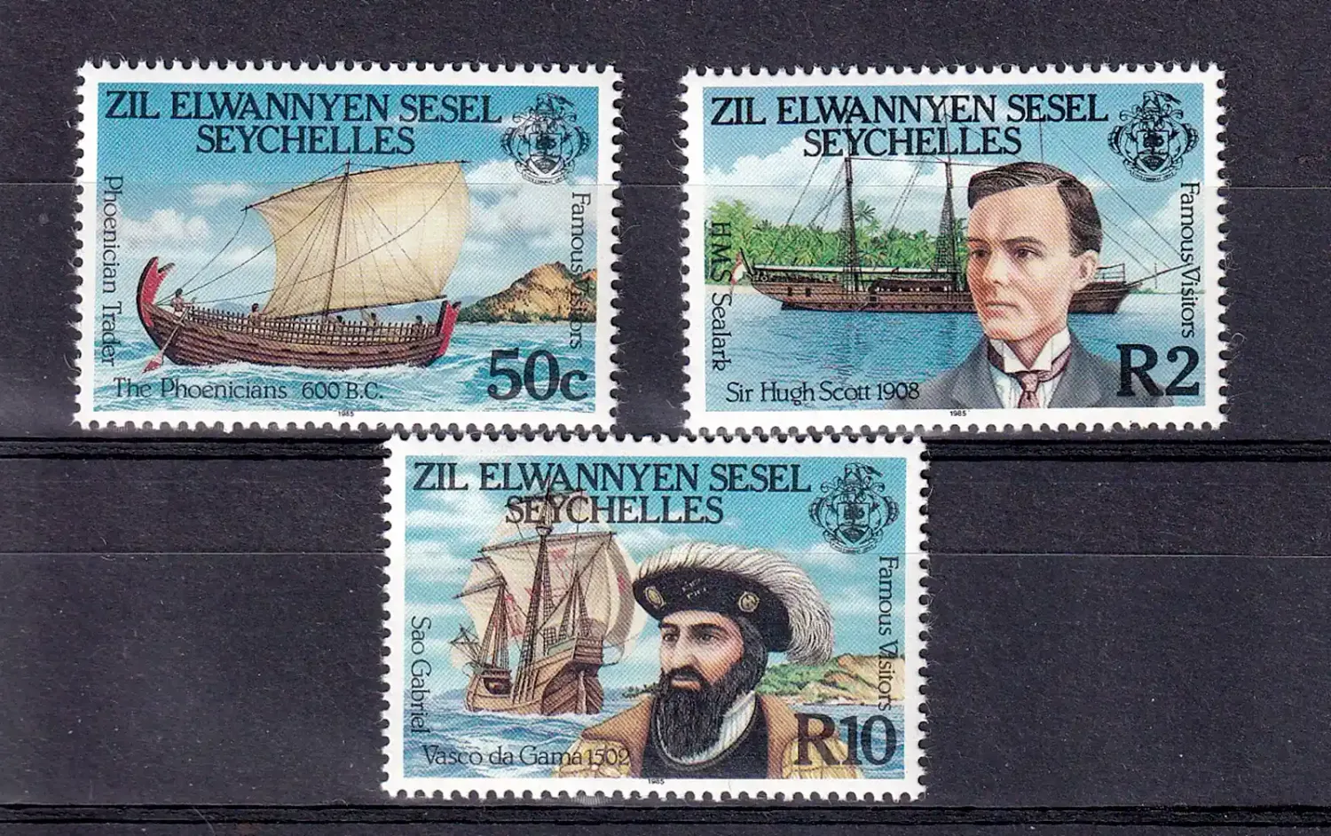 Seychelles (Zil Elwannyen Sesel) 1985 Famous Explorers. (3v) MNH(**) Seychelles (Zil Elwannyen Sesel) 1985 Famous Explorers. (3v) MNH(**)