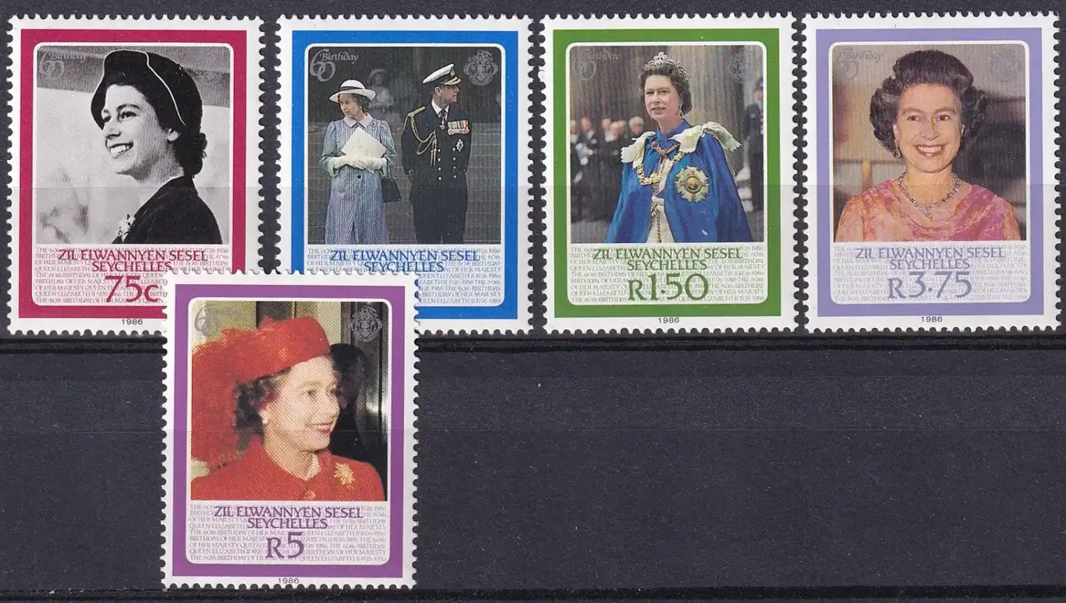Seychelles (Zil Elwannyen Sesel) 1986 The 60th Anniv of the Birth of H.R.M. Queen Elizabeth II. (5v), MNH(**) Seychelles (Zil Elwannyen Sesel) 1986 The 60th Anniv of the Birth of H.R.M. Queen Elizabeth II. (5v), MNH(**)