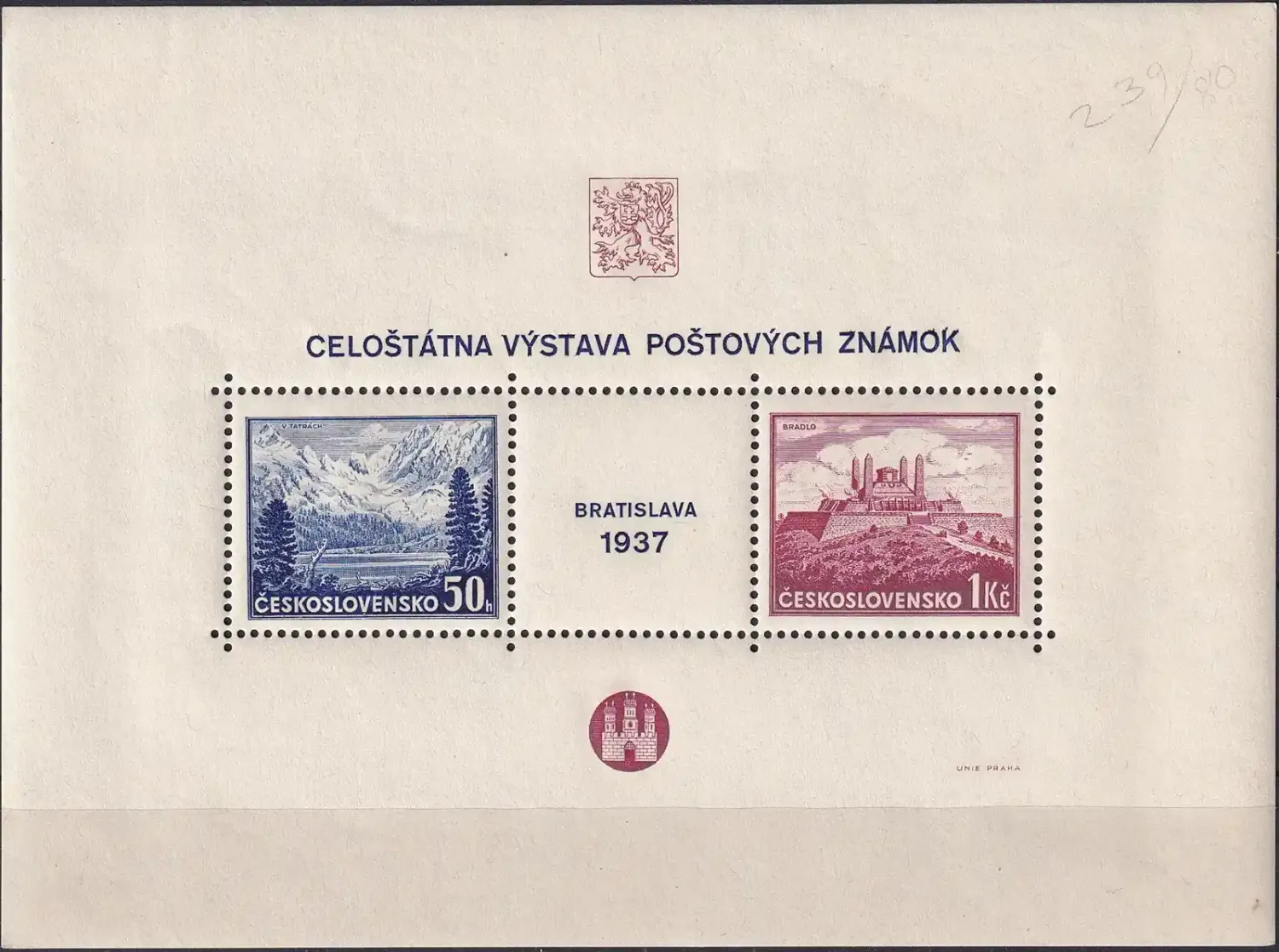 Czechoslovakia 1937 Stamps Exhibition, Bratislava. Scenic Views (ss/2v). MNH(**) Czechoslovakia 1937 Stamps Exhibition, Bratislava. Scenic Views (ss/2v). MNH(**)