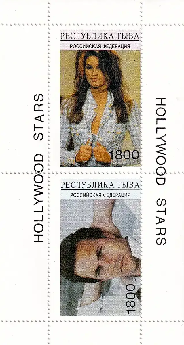 Russia (Tuva) 1990 Celebrities, Cindy Crawford, Kevin Costner (ss/2v). MNH(**) Russia (Tuva) 1990 Celebrities, Cindy Crawford, Kevin Costner (ss/2v). MNH(**)