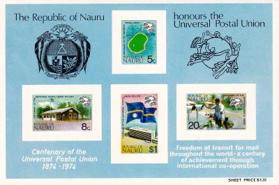Nauru 1974 The 100th Anniversary of U.P.U. Imperf Sheet (ss/4) MNH(**) Nauru 1974 The 100th Anniversary of U.P.U. Imperf Sheet (ss/4) MNH(**)