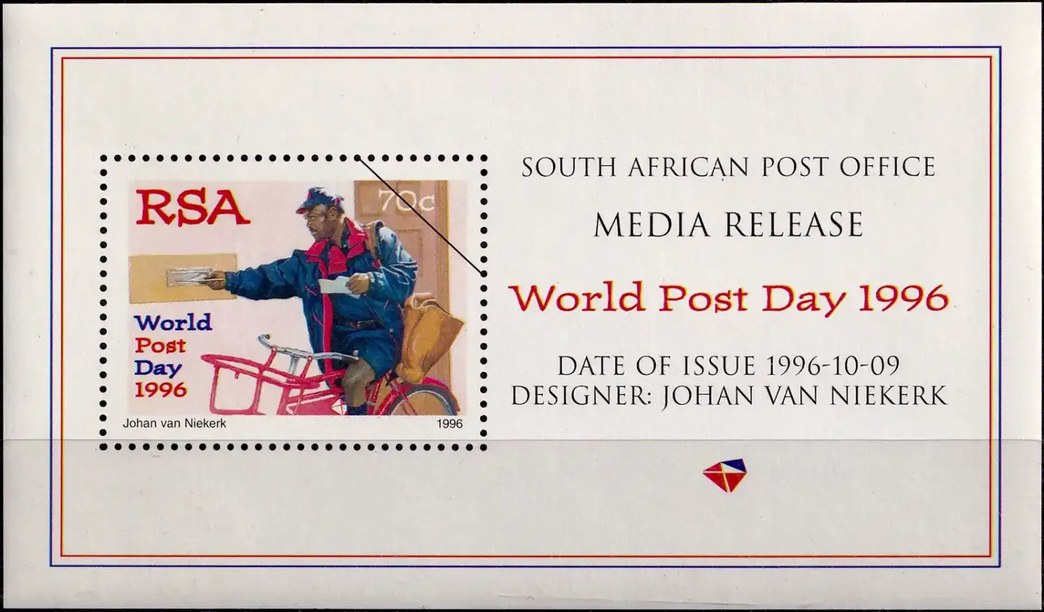 South Africa 1996 World Post Day. Media Sheet MNH(**)
