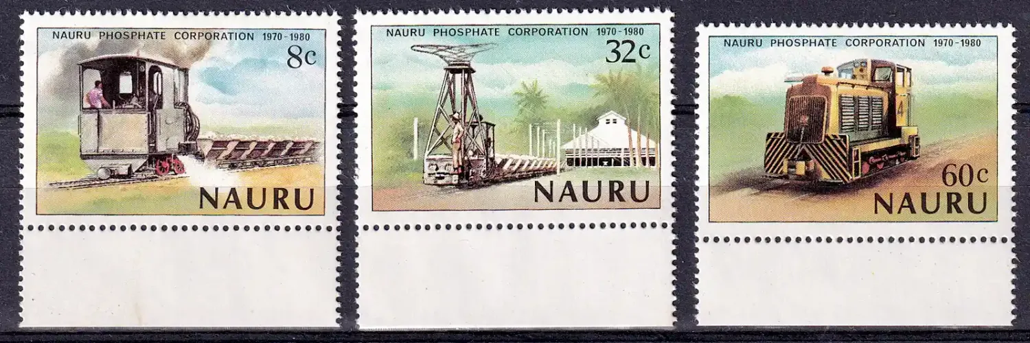 Nauru 1980 Stamp Exhibition, Trains "LONDON 1980" - London, England (3v) MNH(**) Nauru 1980 Stamp Exhibition, Trains "LONDON 1980" - London, England (3v) MNH(**)