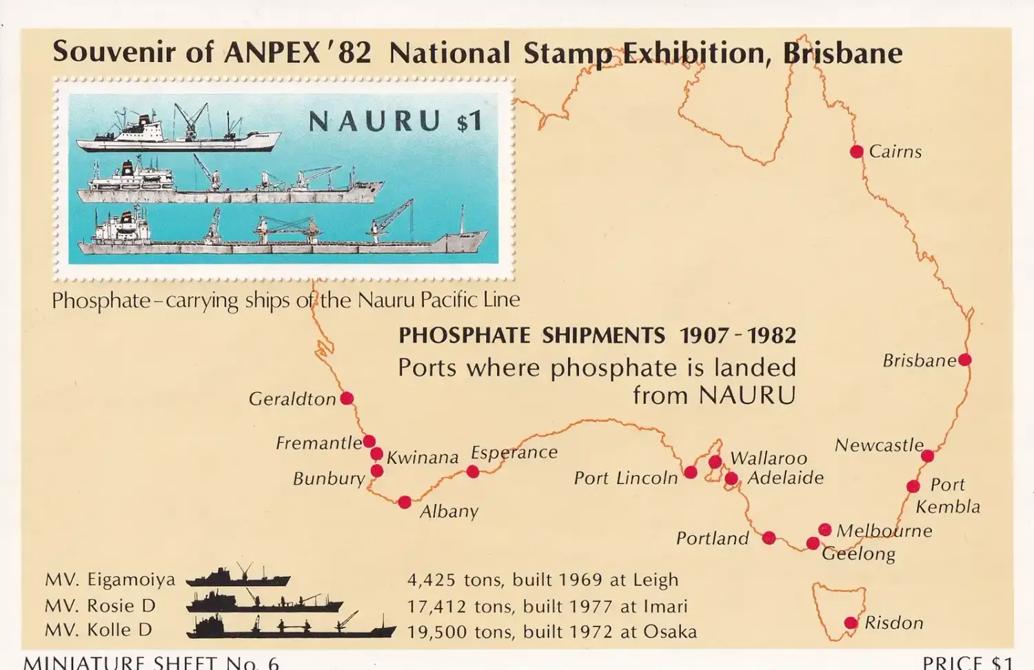 Nauru 1982 The 75th Anniv of Phosphate Shipments. ANPEX 82 Stamp Exhibition (ss/1v) MNH(**) Nauru 1982 The 75th Anniv of Phosphate Shipments. ANPEX 82 Stamp Exhibition (ss/1v) MNH(**)