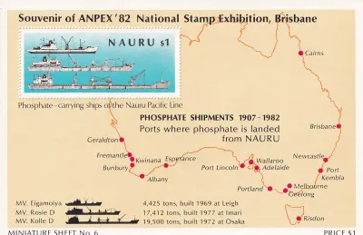 Nauru 1982 The 75th Anniv of Phosphate Shipments. ANPEX 82 Stamp Exhibition (ss/1v) MNH(**) Nauru 1982 The 75th Anniv of Phosphate Shipments. ANPEX 82 Stamp Exhibition (ss/1v) MNH(**)