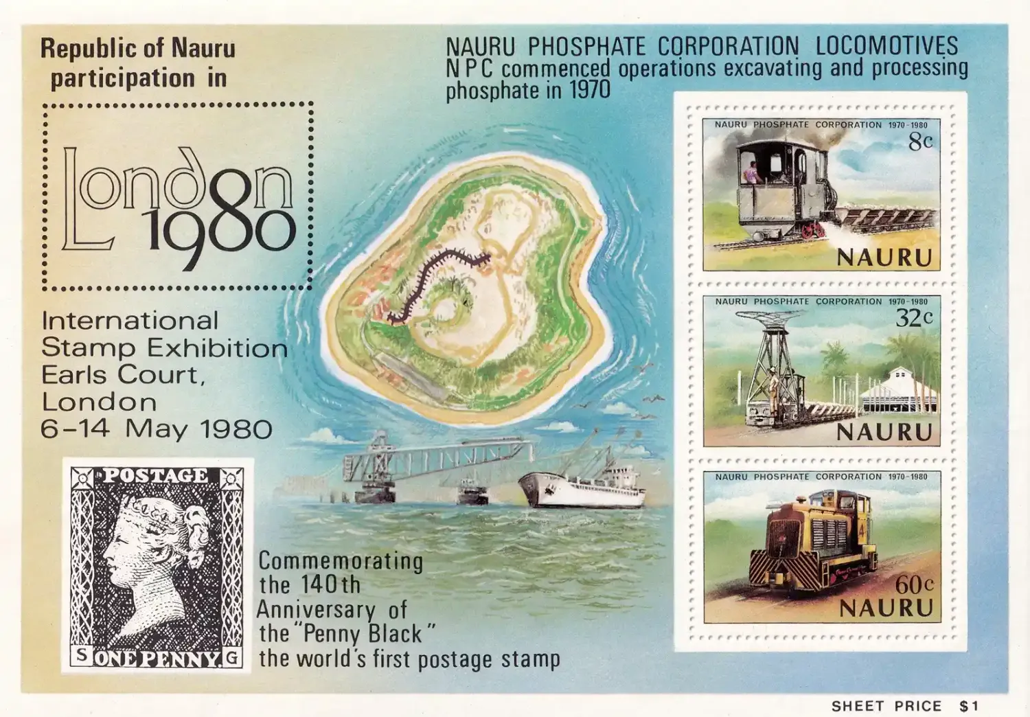 Nauru 1980 Stamp Exhibition, Trains "LONDON 1980" - London, England (ss/3v) MNH(**) Nauru 1980 Stamp Exhibition, Trains "LONDON 1980" - London, England (ss/3v) MNH(**)