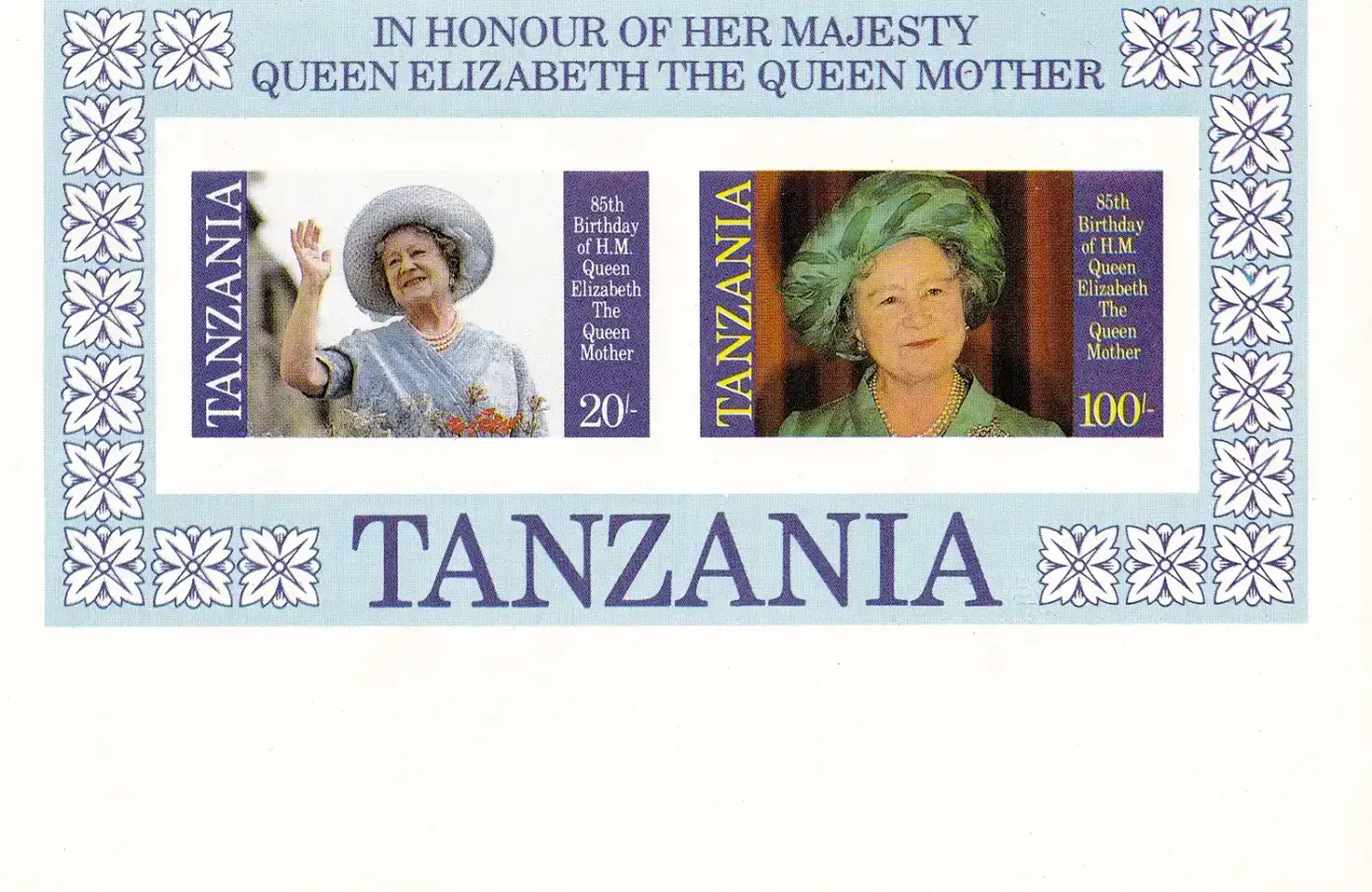 Tanzania 1985 The 85th Anniv of the Birth of Queen Elizabeth the Queen Mother. (Variety, Imperf) (ss/2v) MNH(**) Tanzania 1985 The 85th Anniv of the Birth of Queen Elizabeth the Queen Mother. (Variety, Imperf) (ss/2v) MNH(**)