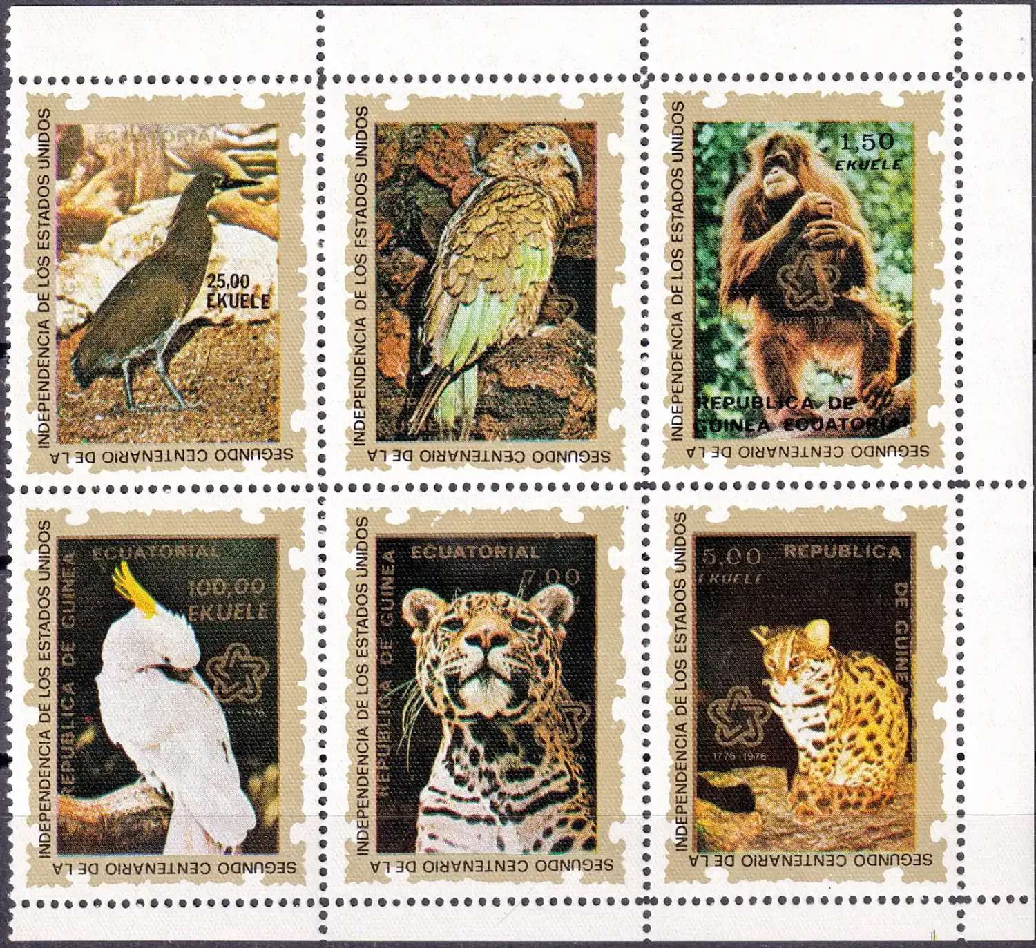 Equatorial Guinea, 1976 The 200th Anniv of the Independence of the USA - Animals (6v). MNH Equatorial Guinea, 1976 The 200th Anniv of the Independence of the USA - Animals (6v). MNH