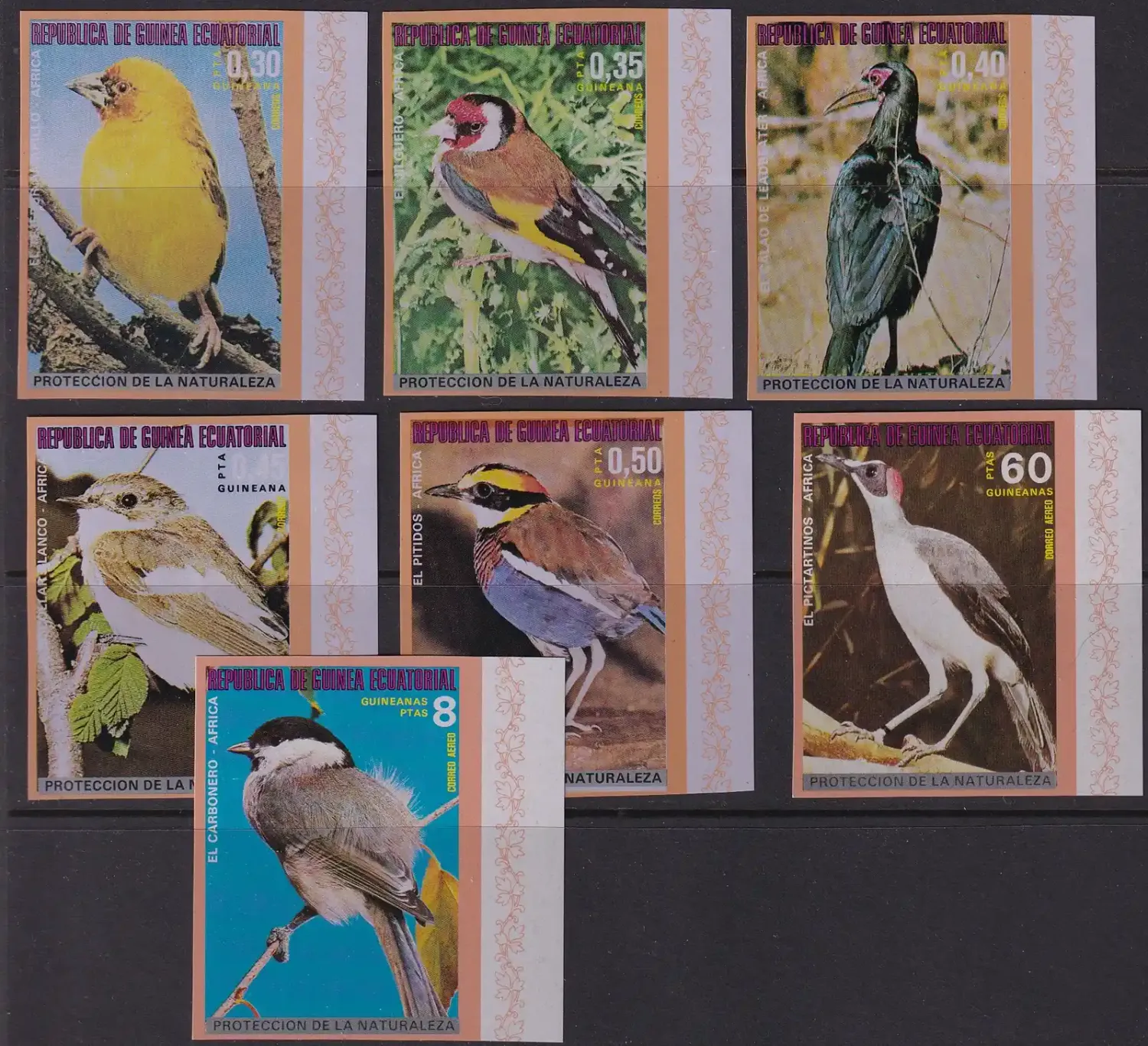 Equatorial Guinea, 1976 African Birds. Imperf (7v). MNH Equatorial Guinea, 1976 African Birds. Imperf (7v). MNH