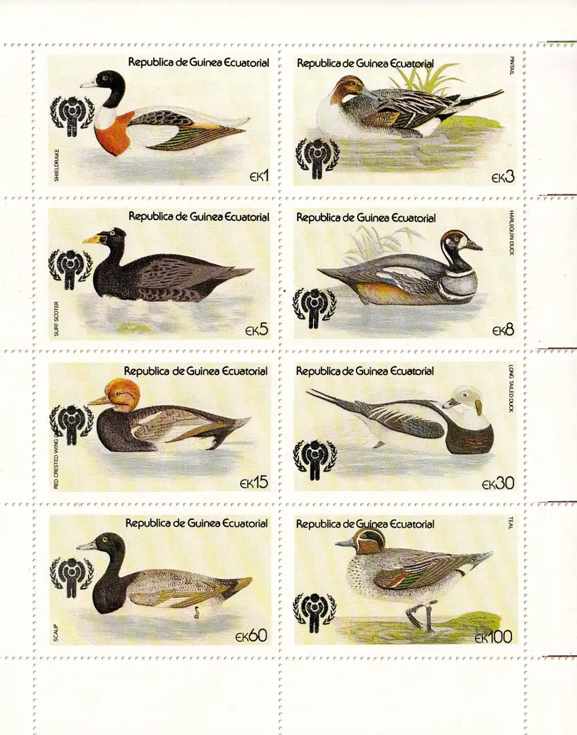 Equatorial Guinea, 1979 Int Year of the Child - Water Birds - Overprint on 1978 Issue - Ducks (ss/8v). MNH Equatorial Guinea, 1979 Int Year of the Child - Water Birds - Overprint on 1978 Issue - Ducks (ss/8v). MNH