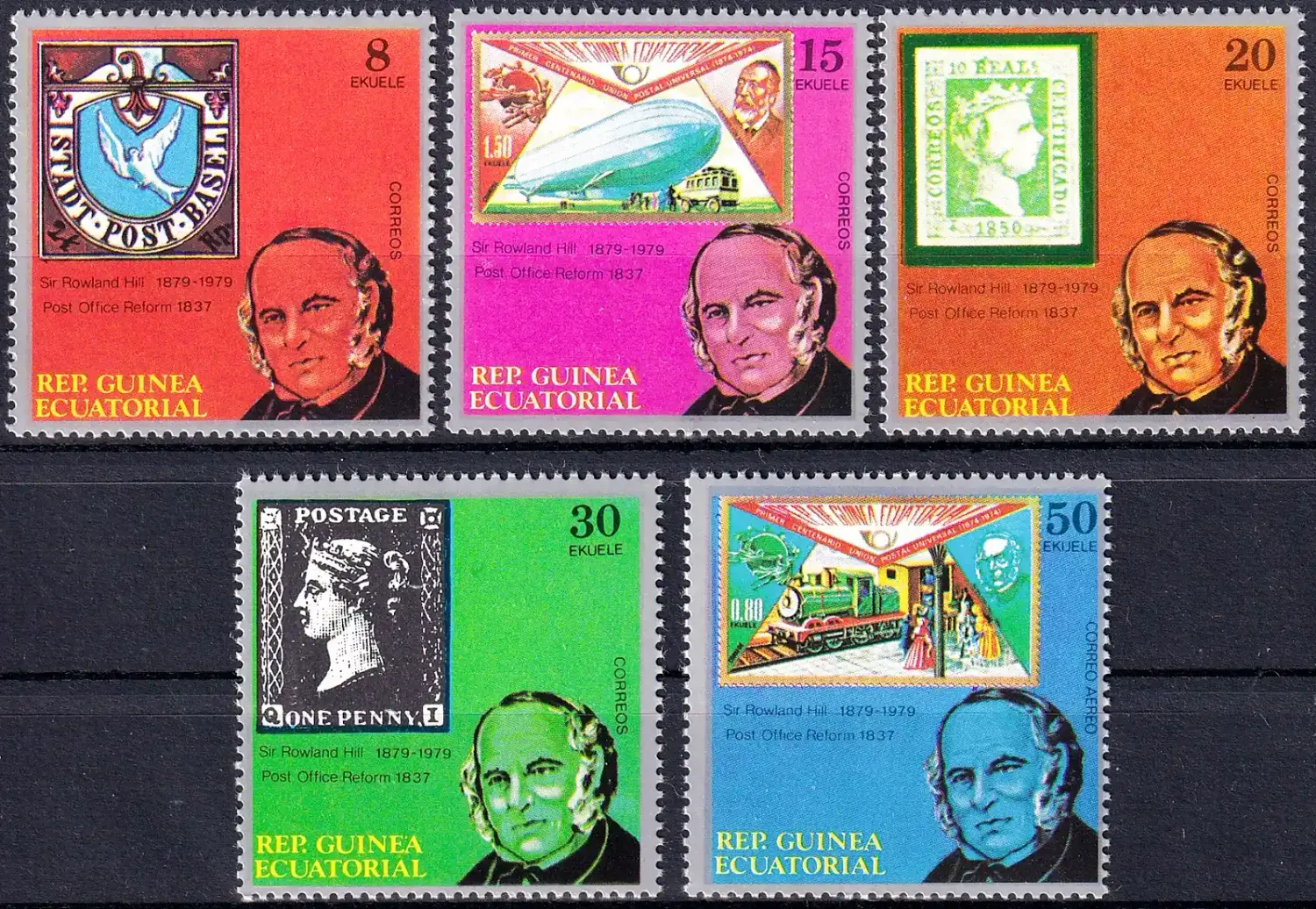 Equatorial Guinea, 1979 The 100th Anniv of the Death of Rowland Hill, 1795-1879 (5v). MNH Equatorial Guinea, 1979 The 100th Anniv of the Death of Rowland Hill, 1795-1879 (5v). MNH