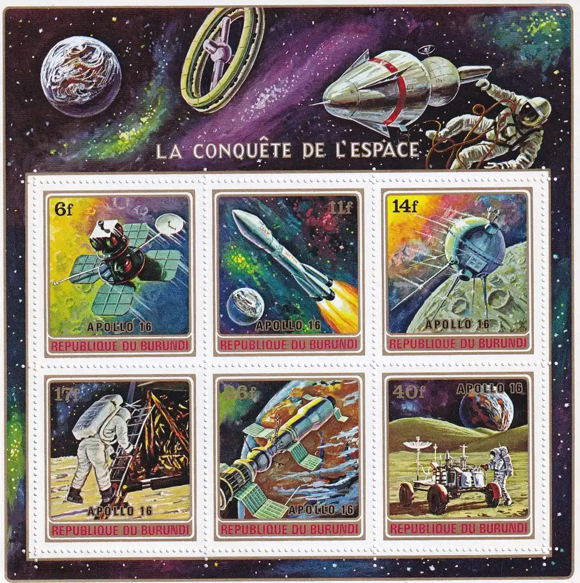 Burundi 1972 Conquest of Space - Overprinted "APOLLO 16. (ss/6v) MNH(**) Burundi 1972 Conquest of Space - Overprinted "APOLLO 16. (ss/6v) MNH(**)