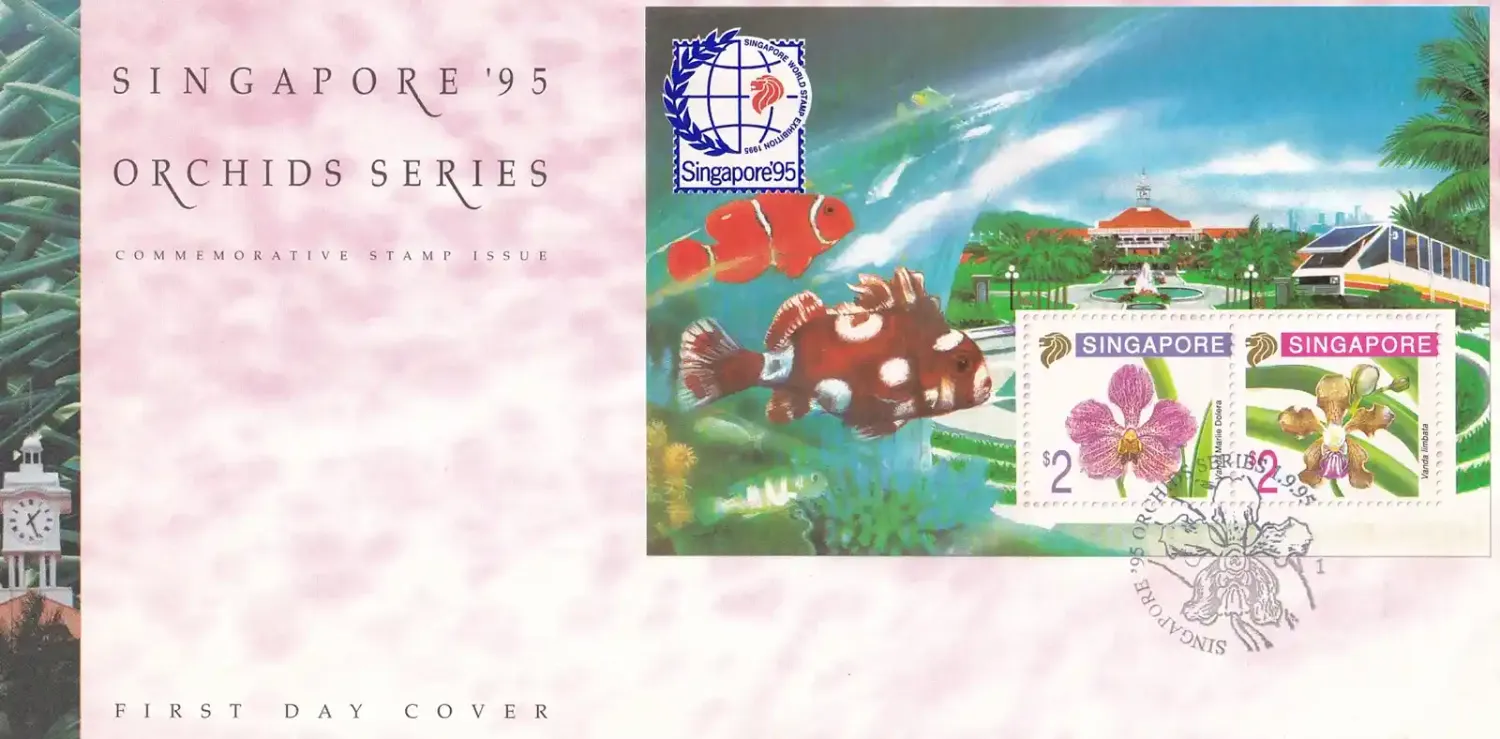Singapore 1993 Stamp Exhibition "TAIPEI '93" -Stamp Exhibition "SINGAPORE '95" - Flowers, Orchids (ss/v2). FDC Singapore 1993 Stamp Exhibition "TAIPEI '93" -Stamp Exhibition "SINGAPORE '95" - Flowers, Orchids (ss/v2). FDC