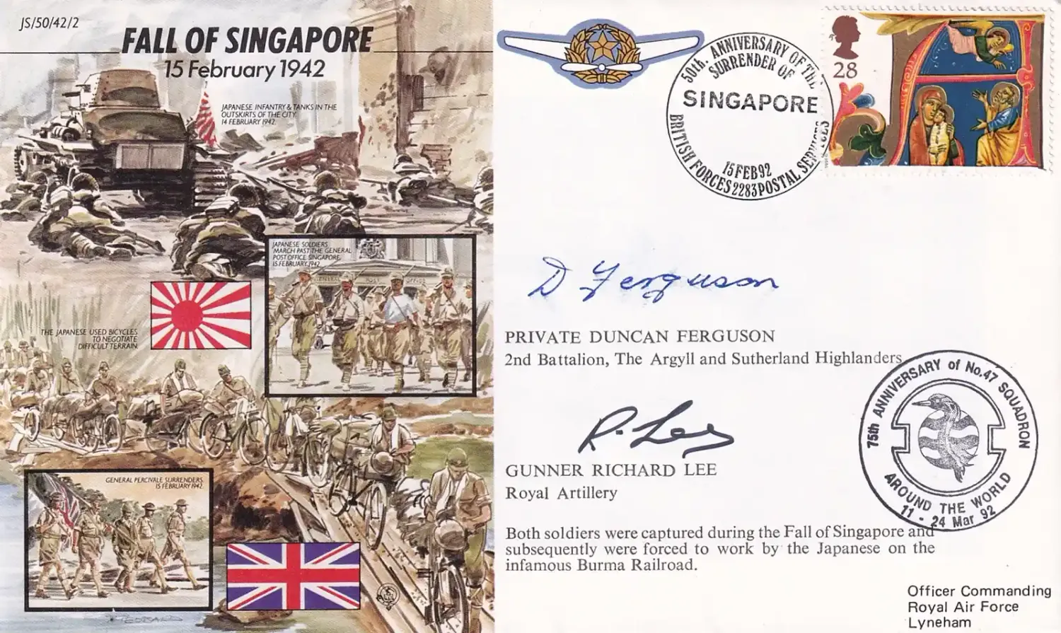Great Britain 1992 (RAF) Fall of Singapore WWII Signed FDC Great Britain 1992 (RAF) Fall of Singapore WWII Signed FDC