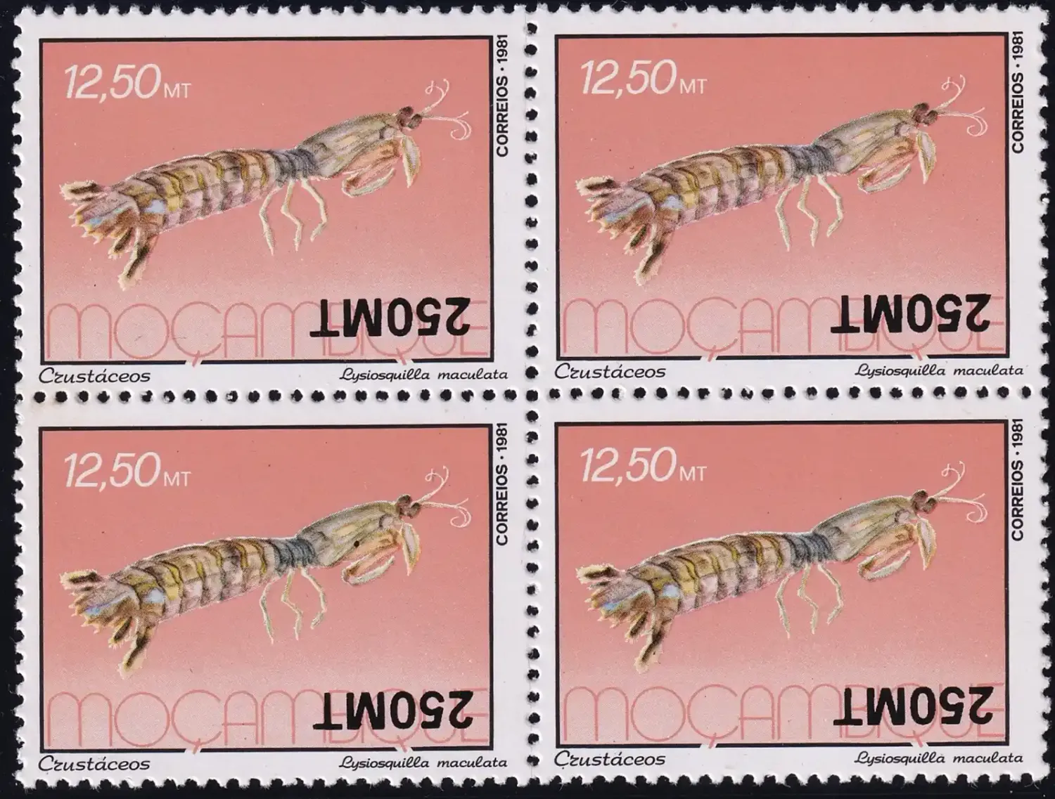 Mozambique 1994 Surcharged stamps of 1981. Block of 4 (Variety) Inverted 250MT value. MNH(**)