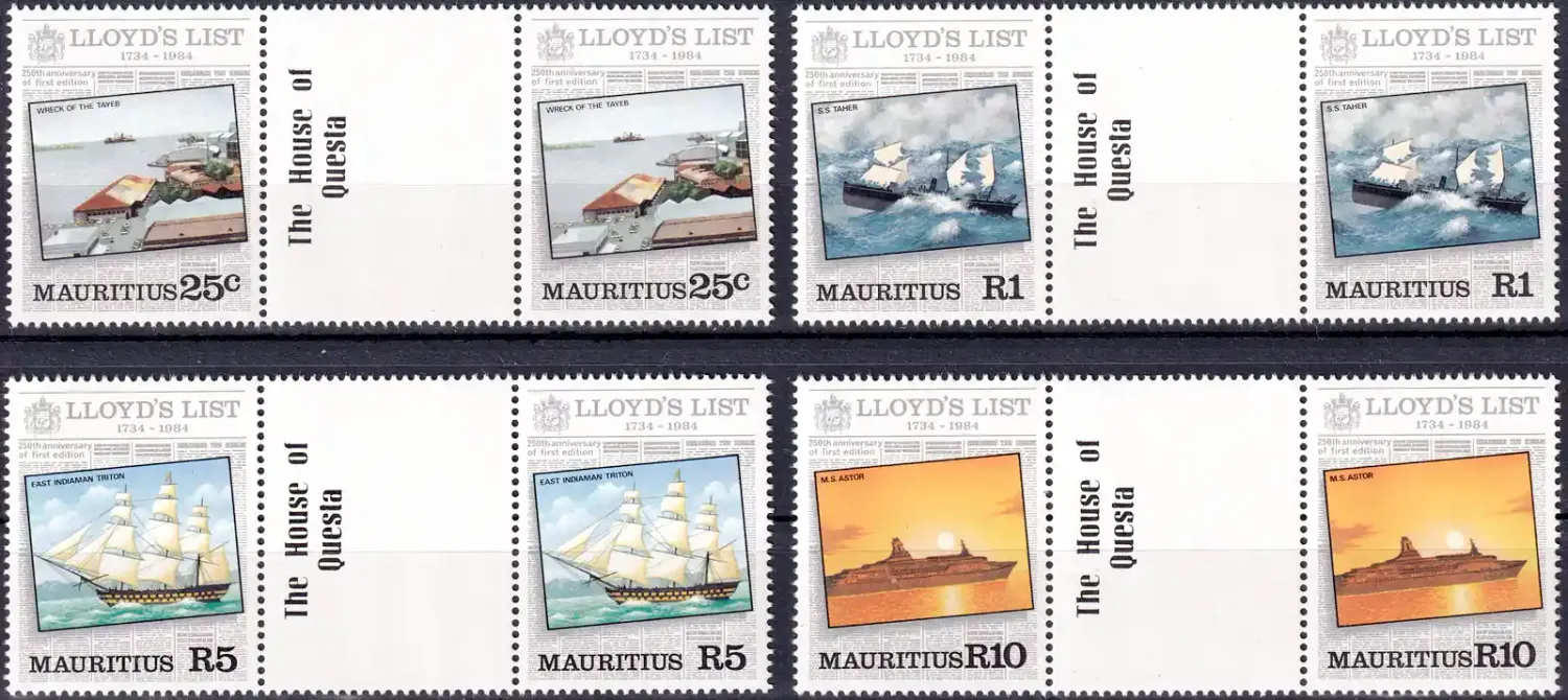 Mauritius 1984 The 250th Anniv of "Lloyd's List" Newspaper (Gutter Pairs). MNH(**) Mauritius 1984 The 250th Anniv of "Lloyd's List" Newspaper (Gutter Pairs). MNH(**)