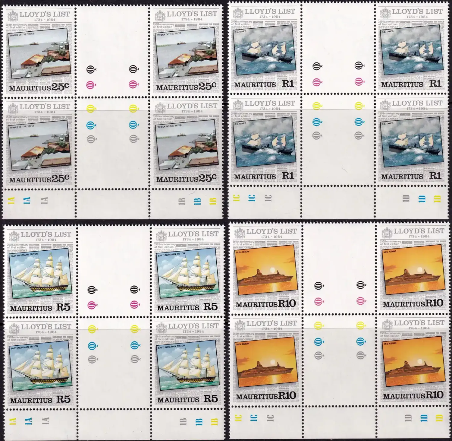 Mauritius 1984 The 250th Anniv of "Lloyd's List" Newspaper (Gutter Blocks). MNH(**) Mauritius 1984 The 250th Anniv of "Lloyd's List" Newspaper (Gutter Blocks). MNH(**)