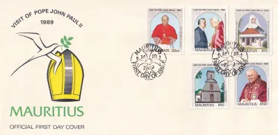 Mauritius 1989 Visit of Pope John Paul II (5v). FDC Mauritius 1989 Visit of Pope John Paul II (5v). FDC