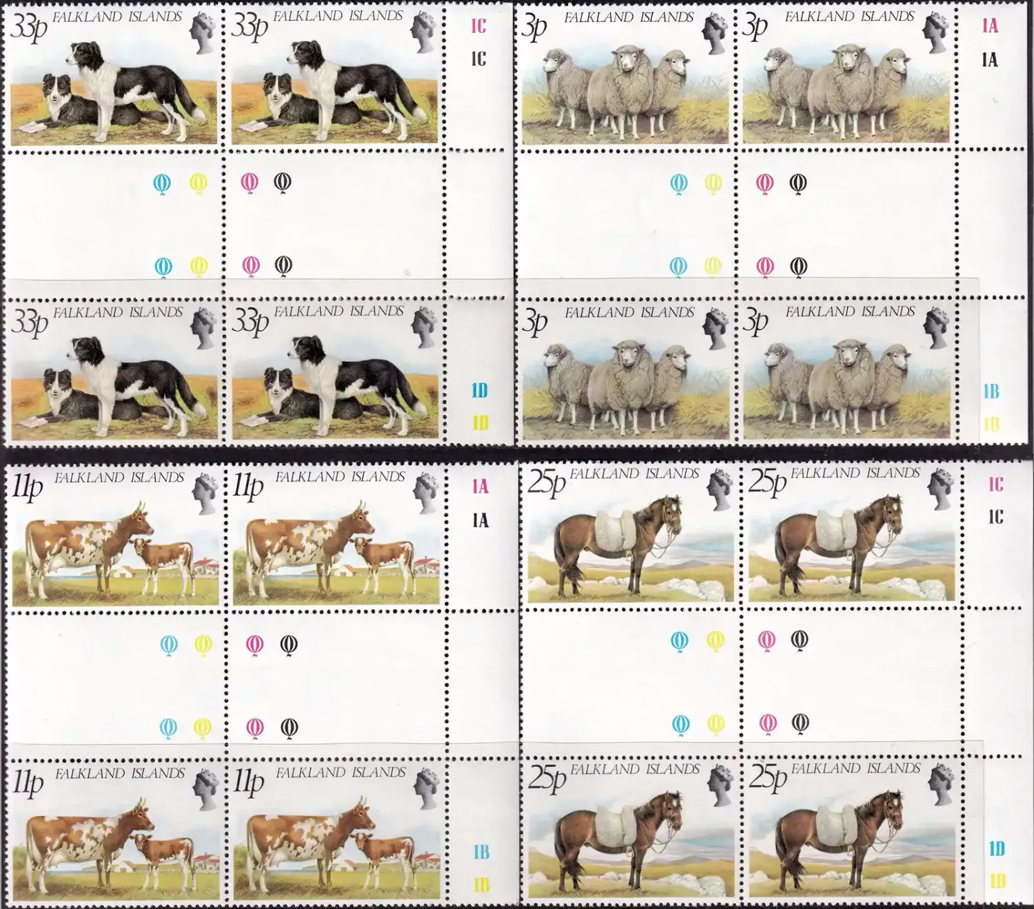 Falkland Islands 1981 Farm Animals, Dogs, Horses, Sheep, Cows (Gutter Blocks). MNH(**)