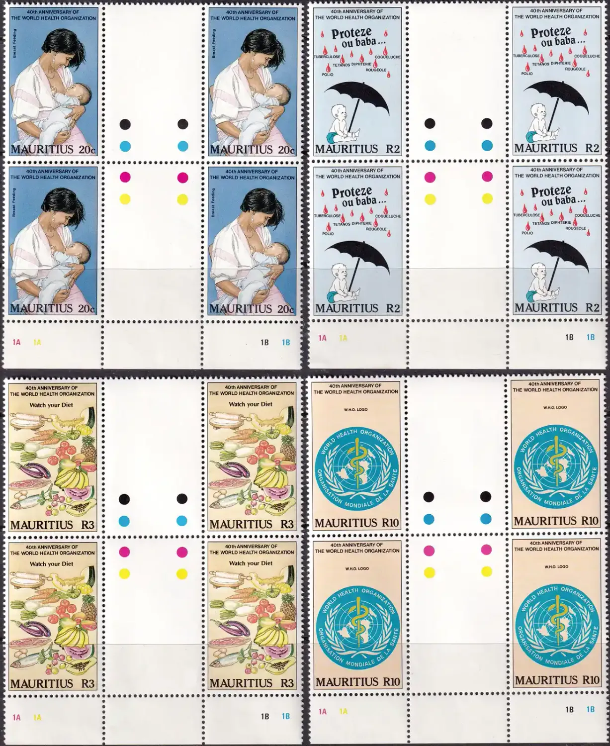 Mauritius 1988 The 40th Anniversary of World Health Organization (Gutter Blocks/4v). MNH(**) Mauritius 1988 The 40th Anniversary of World Health Organization (Gutter Blocks/4v). MNH(**)