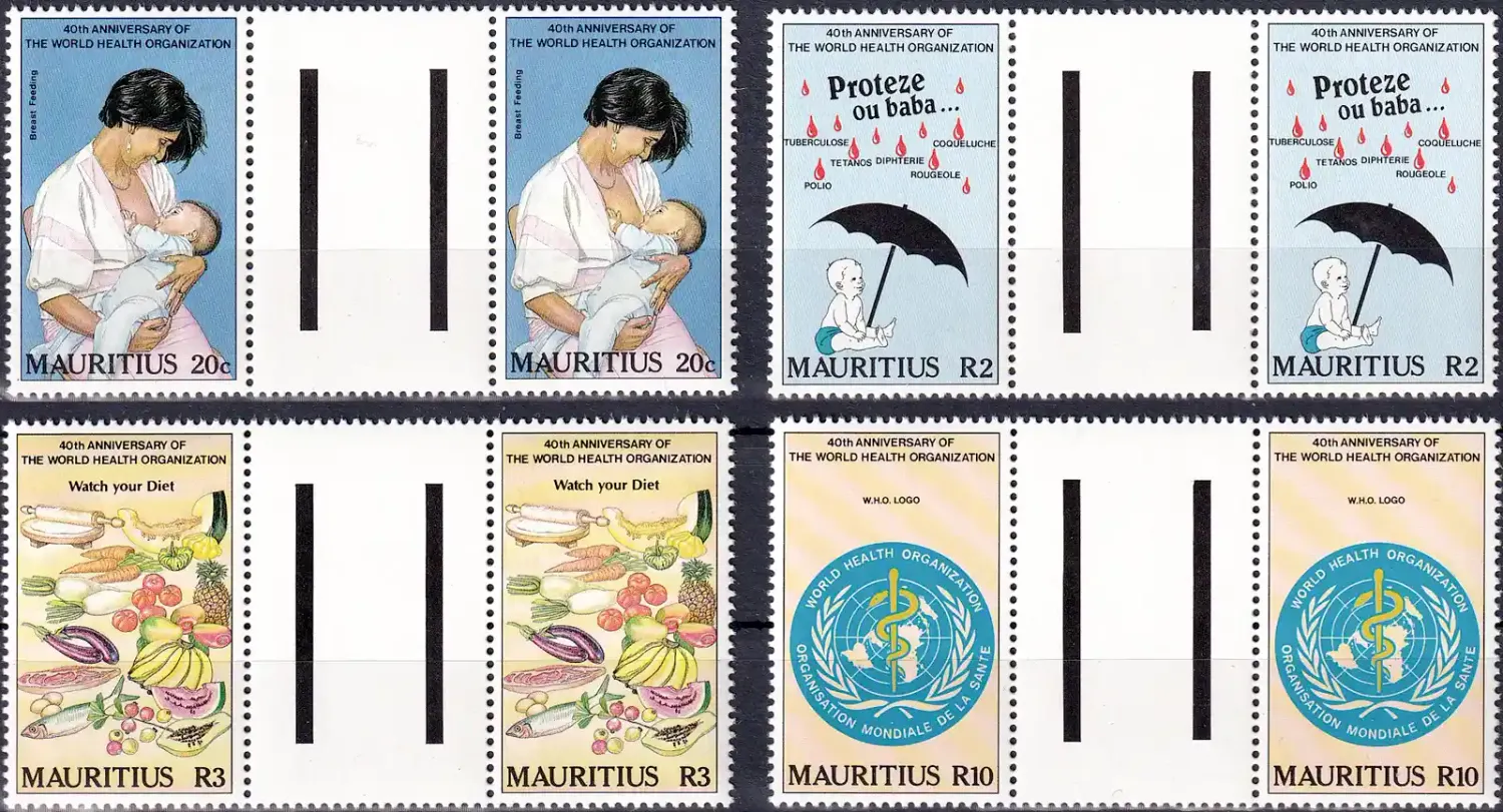 Mauritius 1988 The 40th Anniversary of World Health Organization (Gutter Pairs/4v). MNH(**) Mauritius 1988 The 40th Anniversary of World Health Organization (Gutter Pairs/4v). MNH(**)
