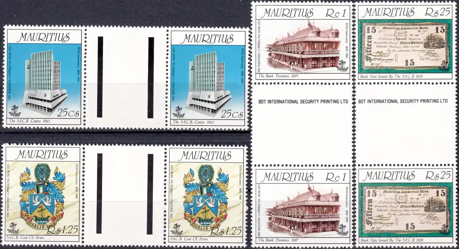 Mauritius 1988 The 150th Anniv of Mauritius Commercial Bank (Gutter Pairs). MNH(**) Mauritius 1988 The 150th Anniv of Mauritius Commercial Bank (Gutter Pairs). MNH(**)