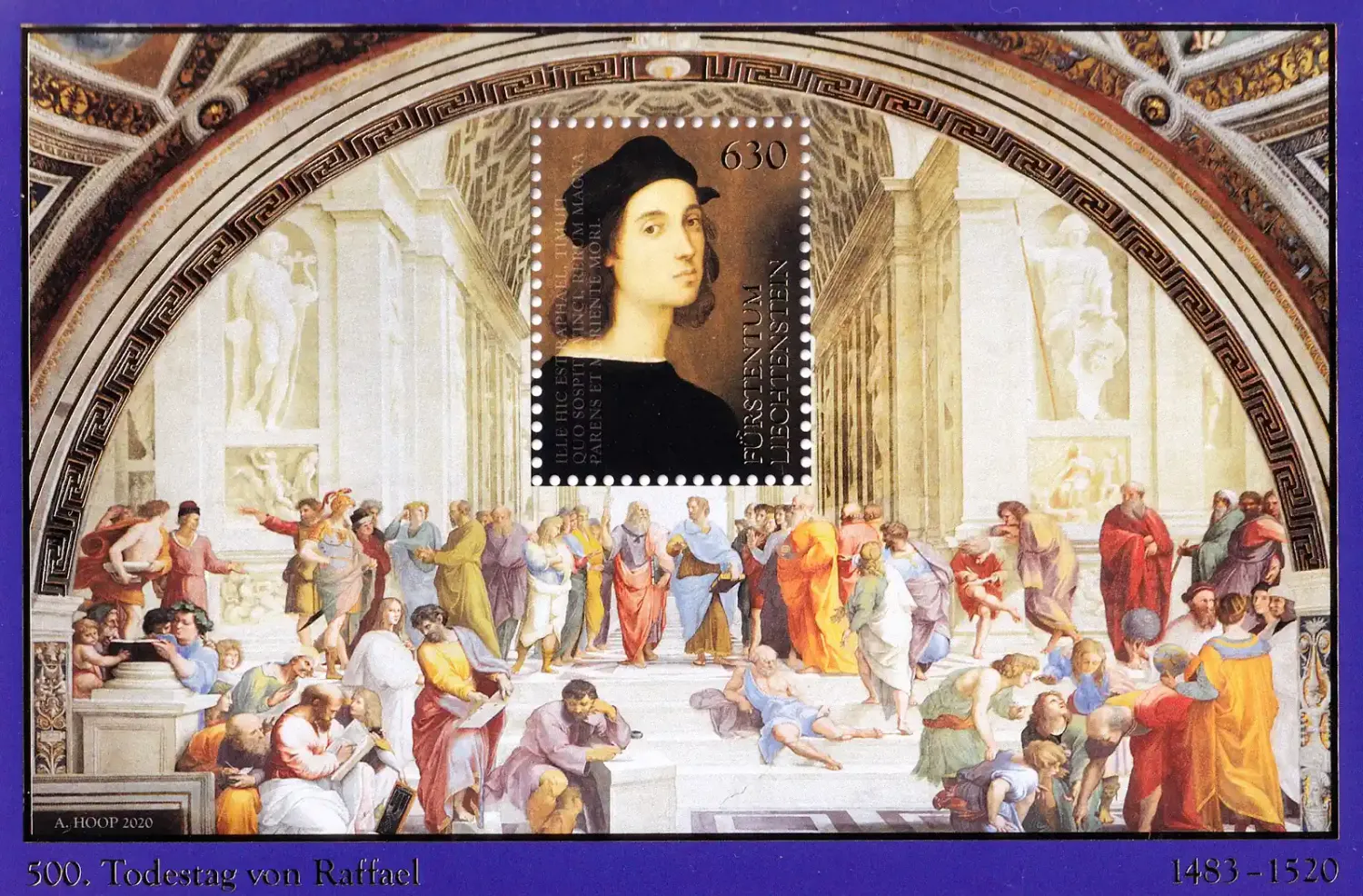 Liechtenstein 2020 500th Ann Death Raphael VATICAN Stanza della Segnatura (ss/1v). MNH(**) Liechtenstein 2020 500th Ann Death Raphael VATICAN Stanza della Segnatura (ss/1v). MNH(**)