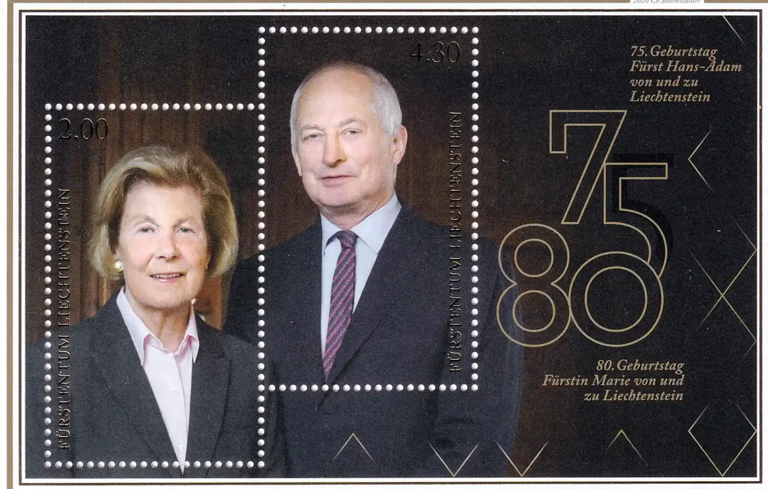 Liechtenstein 2020 The 75th Anniv of the Birth of Prince Hans-Adam II, and the 80th Anniv of the Birth of Princess Marie (ss/2v). MNH(**) Liechtenstein 2020 The 75th Anniv of the Birth of Prince Hans-Adam II, and the 80th Anniv of the Birth of Princess Marie (ss/2v). MNH(**)
