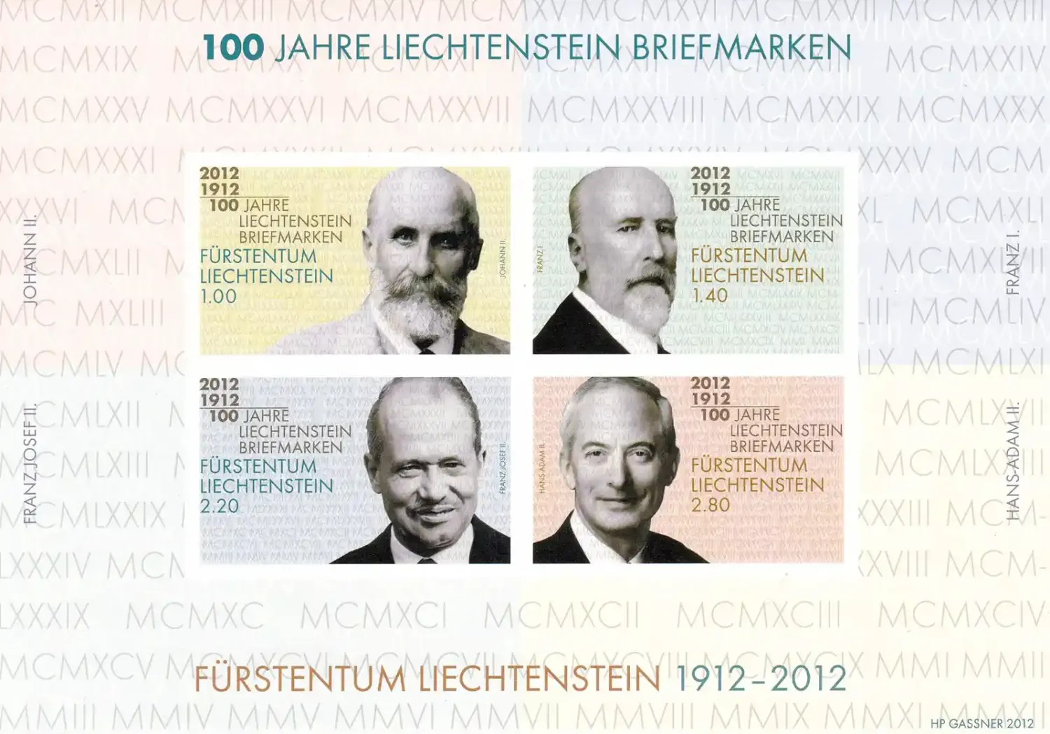 Liechtenstein 2012 The 100th Anniversary of Liechtenstein Stamps (ss/4v). MNH(**) Liechtenstein 2012 The 100th Anniversary of Liechtenstein Stamps (ss/4v). MNH(**)