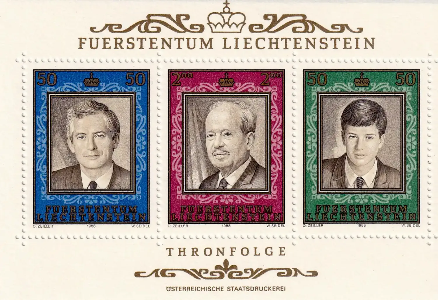 Liechtenstein 1988 The 50th Anniv of the Reign of Prince Franz Joseph II, 1906-1989 (ss/3v). MNH(**) Liechtenstein 1988 The 50th Anniv of the Reign of Prince Franz Joseph II, 1906-1989 (ss/3v). MNH(**)
