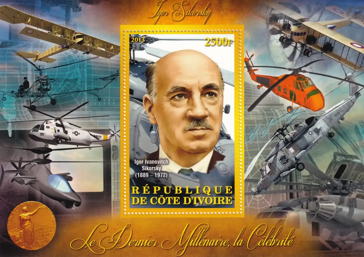 Ivory Coast 2013 Igor Ivanovich Sikorsky Helicopters (ss/1v) MNH(**) Ivory Coast 2013 Igor Ivanovich Sikorsky Helicopters (ss/1v) MNH(**)