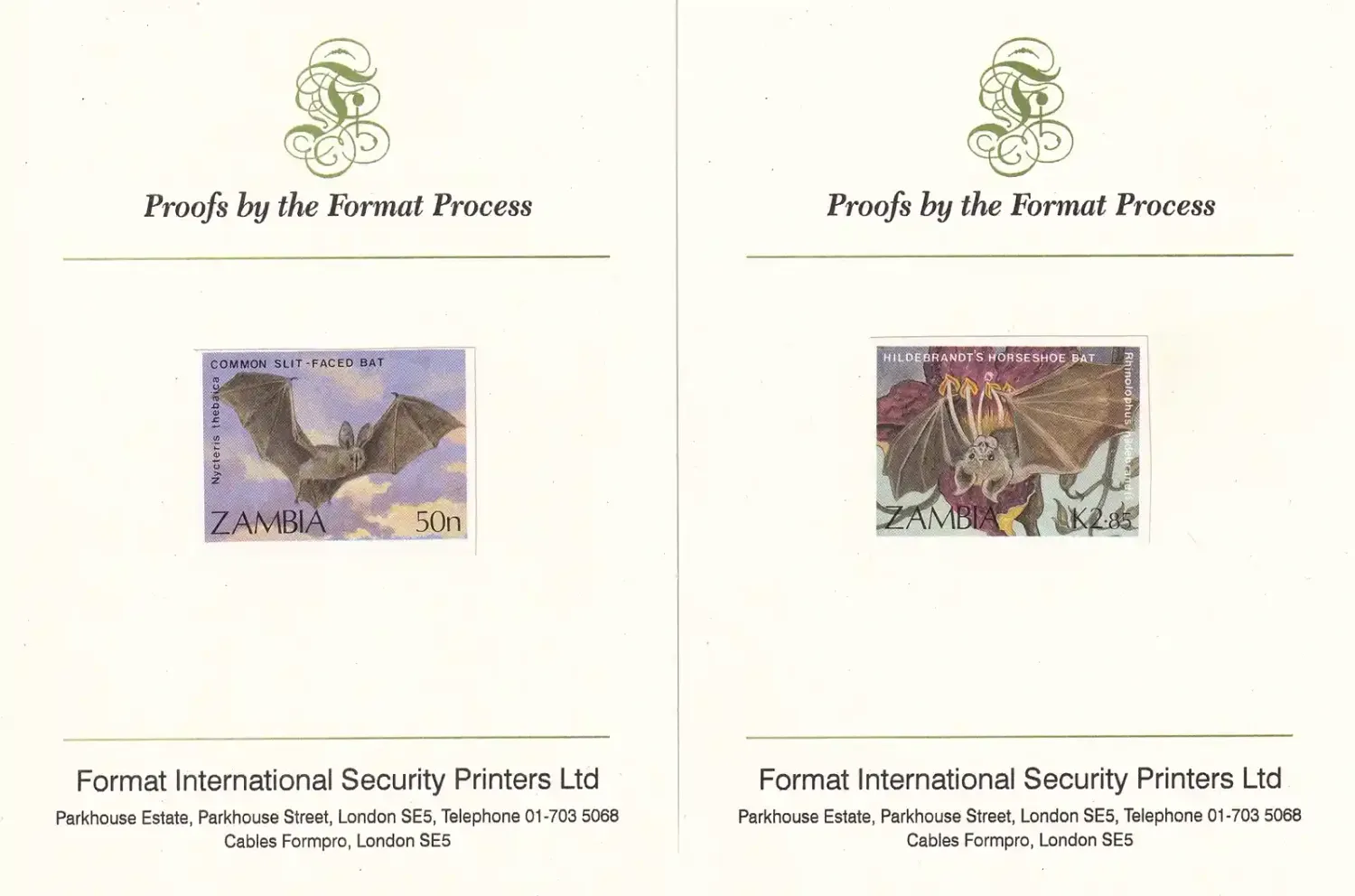 Zambia 1989 Bats (4v) "Proofs mounted on Format International Proof Cards". MNH(**) Zambia 1989 Bats (4v) "Proofs mounted on Format International Proof Cards". MNH(**)