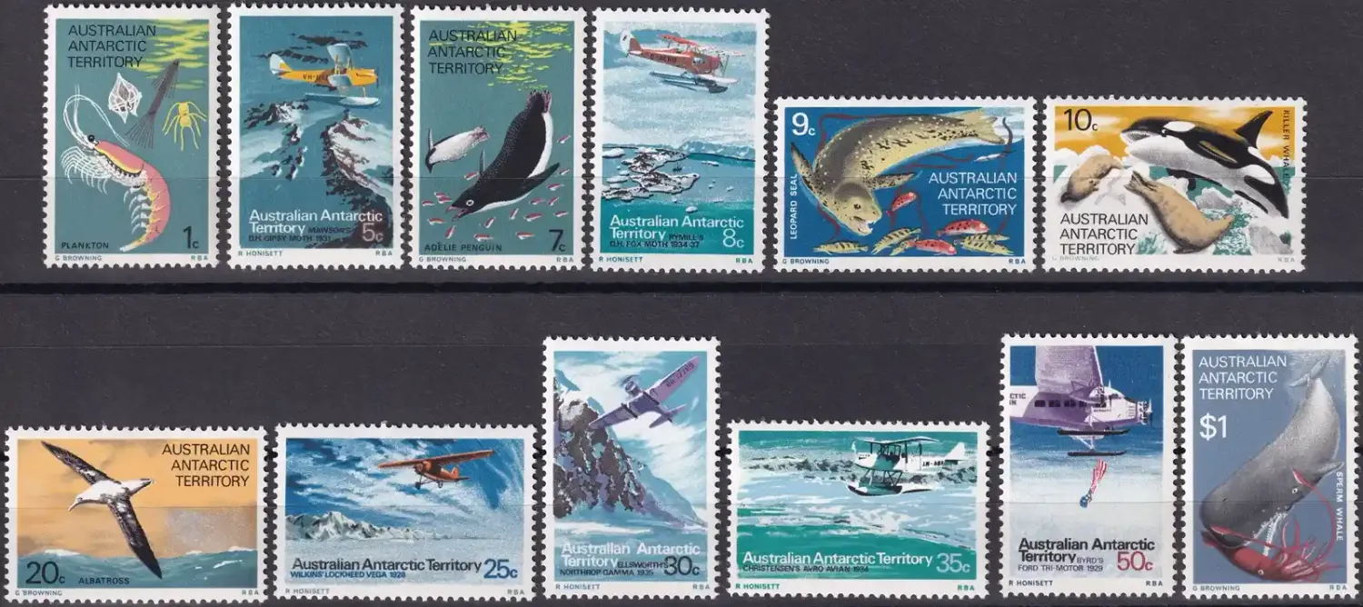 Australian Antarctic Territory 1973 Marine Life and Aircraft in the Service of Antarctic Research, (12v) MNH(**)