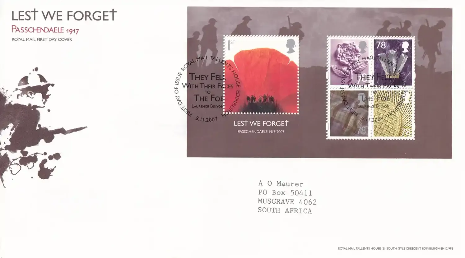 Great Britain 2007 Lest We Forget. FDC